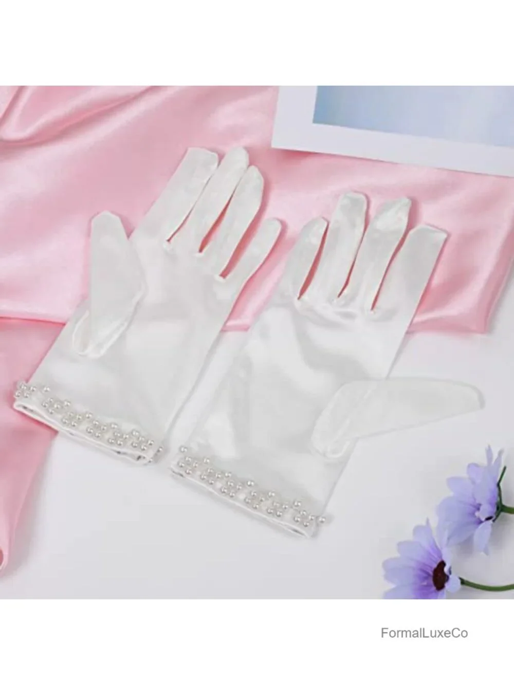 Women's Satin Short Gloves Pearl Accent Wrist Length Bridal Evening Opera Gloves